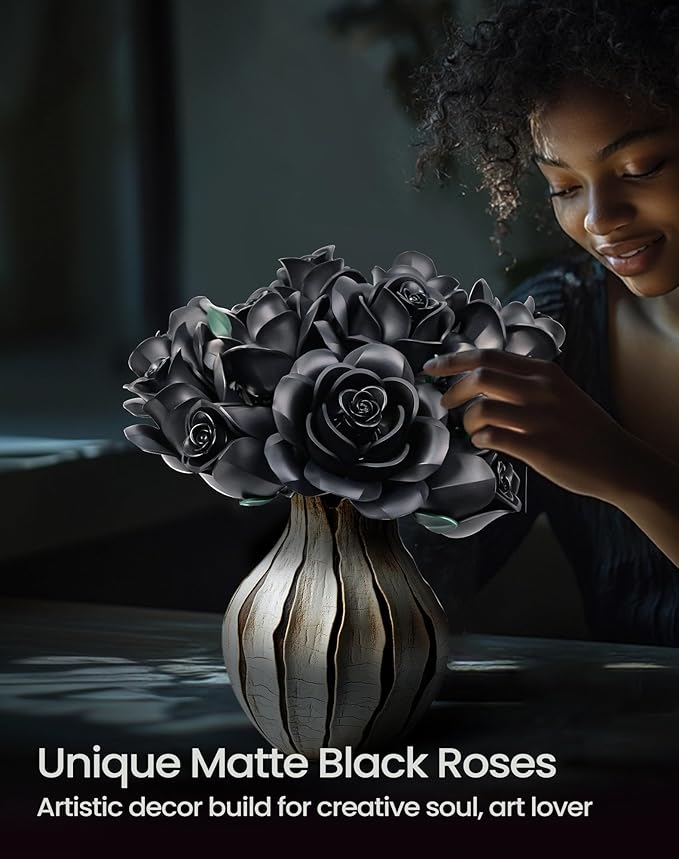 iATOM Black Rose Bouquet Building Set, Gothic Artificial Flowers Botanical Collection Kit for Adults for Home Office Table Centerpiece Retro Decor - IA11001