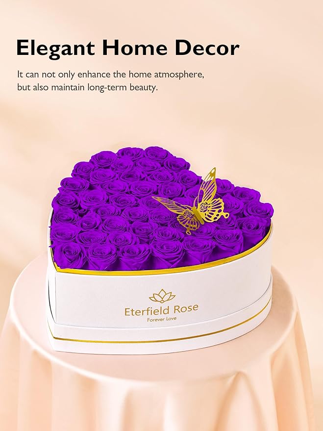 Eterfield 47 Forever Flowers in Heart Shape Box, Preserved Roses That Last a Year Preserved Flowers Birthday Gifts for Her Mom Women Wife Anniversary Valentines Day Mothers Day Christmas, Purple