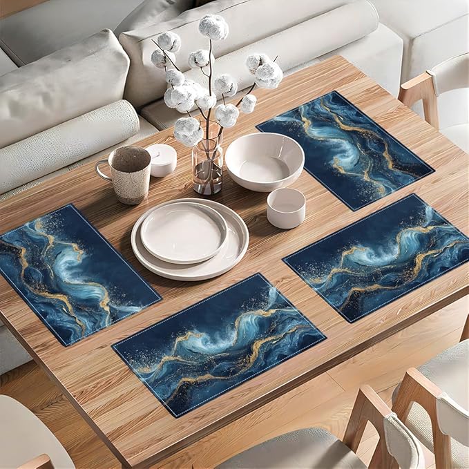 Abstract Blue Wave Placemats Set of 4, Sea Navy Double-Sided Table Mats for Kitchen Home Party Indoor Decor 4 PCS