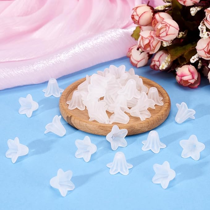 Crafans 50Pcs Acrylic Trumpet Flower Beads Caps Frosted White Flower Charms Bell Floral Pendants Floral Spacer Beads End Caps for Angel Wing Charms Jewelry Making Supplies