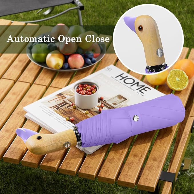 Cute Duck Umbrella Automatic - Compact Pretty Pocket Size Strong Duck Collapsible Umbrella Yellow Wooden Handle for Women