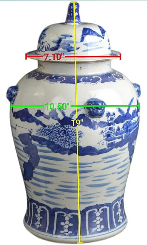 19" Antique Like Finish Blue and White Ginger Jars Porcelain Temple Ceramic Ginger Jar Vase, Antient Landscape China Ming Style, Jingdezhen (L19)