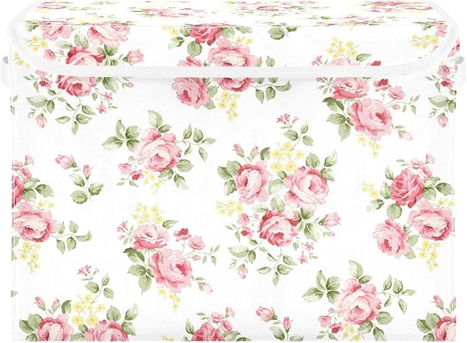 Flower Baskets Collapsible Storage Bins with Lids, Pink Rose Flower Floral Storage Boxes Clothes Baskets for Organizing