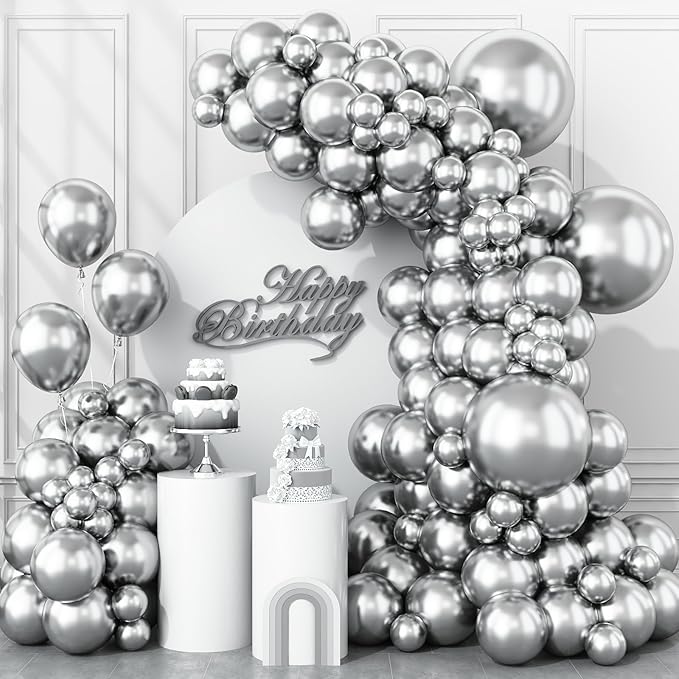 Togvu Metallic Silver Balloons Different Size, 123 Packs Silver Balloons Arch Kit, Pack of 18 12 10 5 Inch Chrome Silver Balloons Garland for Birthday, Graduation, Wedding, Anniversary Decoration
