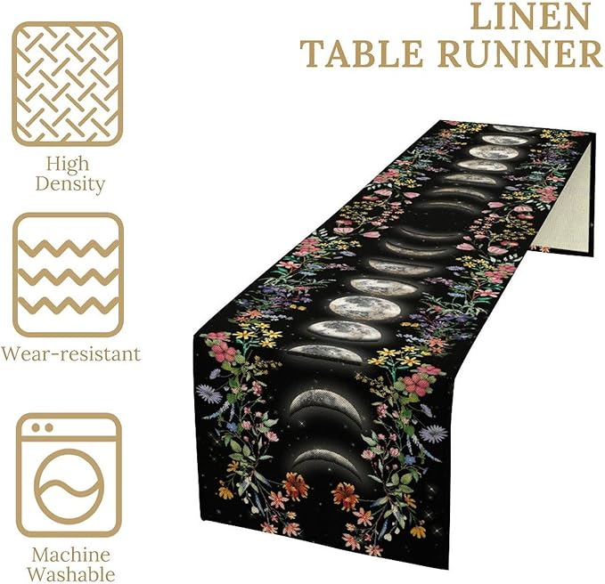 Boho Floral Table Runner, Spring Gothic Moon Phase Wildflower Mystical Witchy Farmhouse Coffee Table Center Decor for Home Kitchen Dining Patio Holiday Party Table Decorations 13x108 inches