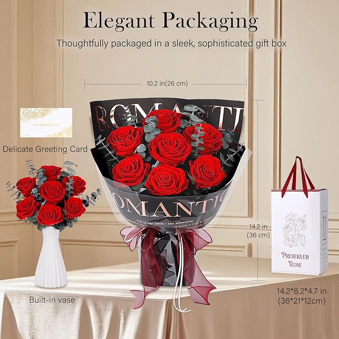 Preserved Flowers Bouquet 7 Roses - Red Real Rose & Flowers for Delivery, Long-Lasting Flower with Gift Box, Eternal Roses Bouquet for Mothers, Mom, Wife, Anniversary Birthday Gifts for Women, Black