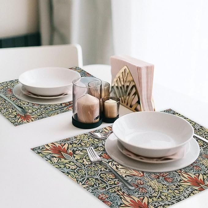 Vintage Flower Placemats Set of 4, William Morris Retro Boho Botanical Plant Place Mats, Heat Resistant Non Slip Cotton Linen Dining Table Mats for Home Kitchen Party 18x12 Inch
