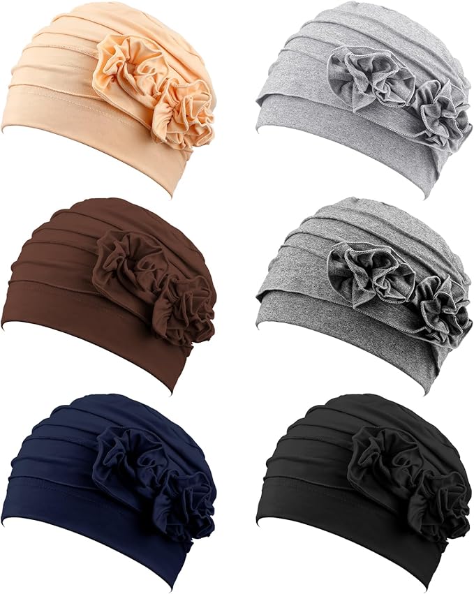 JenPen 6 Pcs Chemo Headwear for Women Stretchy Soft Turbans for Cancer Solid Beanie Flower Chemo Caps for Hair Loss