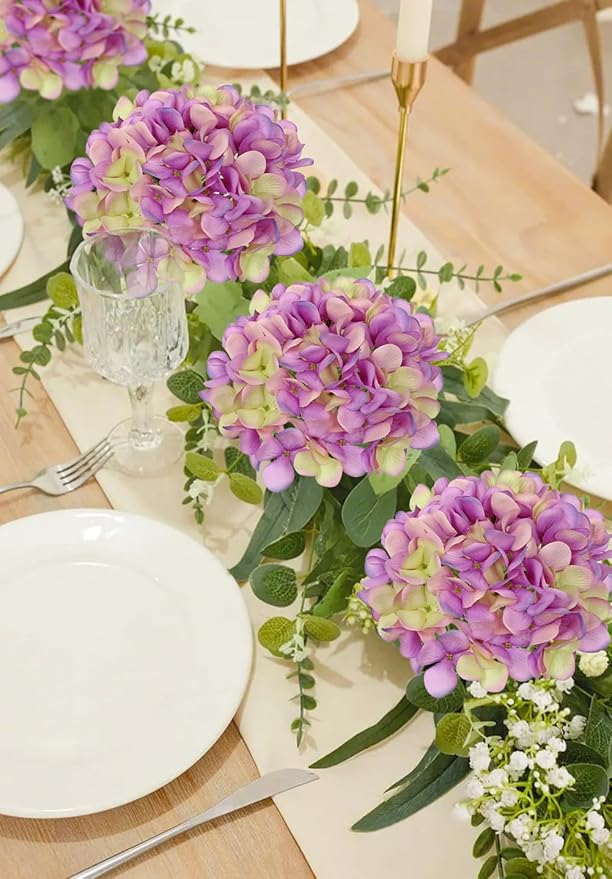 Hollyone Purple Silk Hydrangea Artificial Flowers Heads 7.4inch Large Fake Hydrangea 4Pcs Full Faux Flowers with Stems for Wedding Party Table Centerpieces Flower Arrangement Home Decor