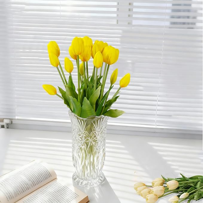 15Pcs Fake Tulips Artificial Flowers Real Touch Latex Bouquet Faux Tulips for Centerpiece Arrangements Wedding Party Home Décor (Yellow)