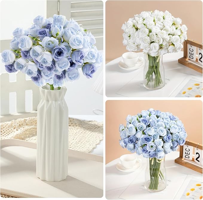 ASTRYAS Blue and White Roses Artificial Flowers, 36Pcs 108 Heads Fake Roses Flower Arrangement, Faux Silk Flowers Roses Bouquet for Home Decor Wedding Party Table Centerpieces DIY Bouquet