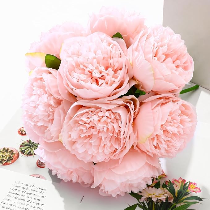 ucky 10 Packs Peonies Artificial Flowers Artificial Peonies Fake Peonies Artificial Flowers Peonies Bouquet for Centerpiece Table Wedding Party Home Decor (Light Pink)