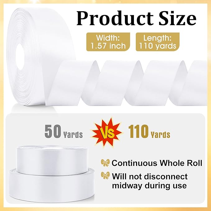 XSEINO 110 Yards Ribbon,1 1/2 Inch White Satin Ribbon for Flower Bouquet, Gift Wrapping, Ribbons for Crafts, Hair Bows Making, Wedding Party Decoration, Sewing, Invitation Cards, Christmas, Wreath