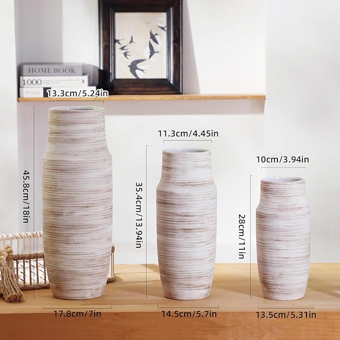 ALMA 14 inch White Floor Vase for Modern Living Room Home Decor, Big Boho Ceramic Vases for Tall Pampas Grass, Decorative Ribbed Flower Vases for Entryway Table, Kitchen Island, Fireplace Decor