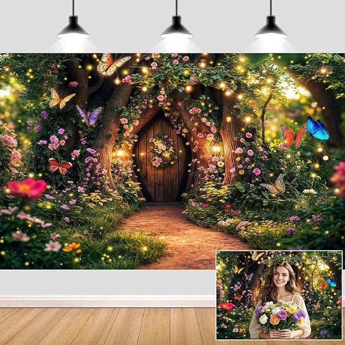 10X8ft Enchanted Forest Backdrop Fairy Tale Garden Wonderland Floral Butterfly Photography Background for Kids Girl Baby Shower Birthday Party Decoration Banner Cake Table Photo Booth Props