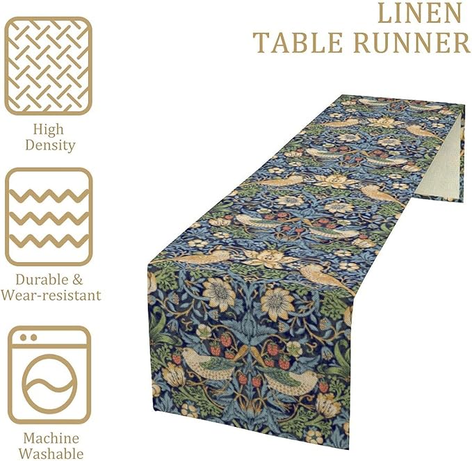 William Morris Floral Table Runner,Flowers Botanical Printed Table Runner for Home Kitchen Dining Table Decoration,13x36 Inch Strawberry Thief