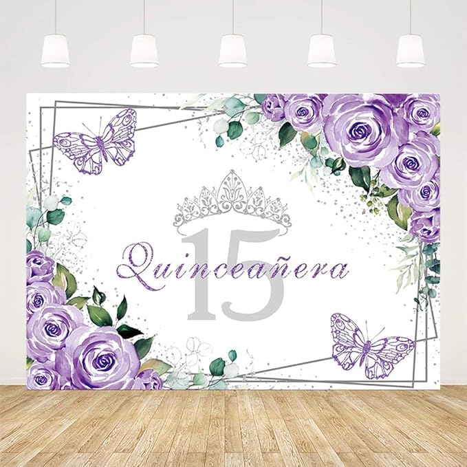 Sendy 7x5ft Quinceañera Backdrop Mis Quince 15 Anos Birthday Party Decoration Supplies for Girl Princess Purple Floral Butterfly Silver Crown Photography Background Banner Photo Booth Studio Props