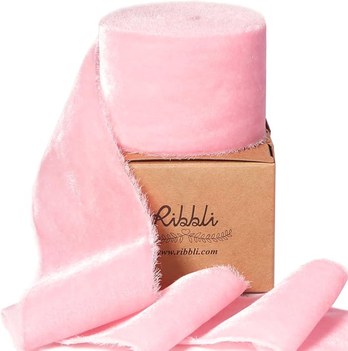 Ribbli Pink Velvet Ribbon 2 Inch Handmade Frayed Vintage Christmas Ribbon for Gift Wrapping Christmas Tree Ornament Wreath Craft Home Decor -3 Yards