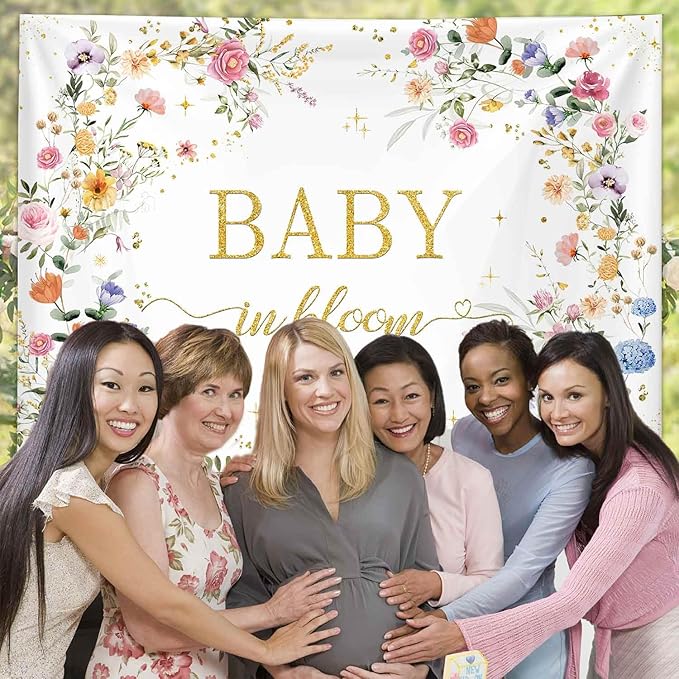 MEHOFOND 7x5ft Wildflower Baby in Bloom Baby Shower Backdrop Decorations, Wildflower Baby Shower Background, Spring Floral Banner Gold Glitter Photography Background Photo Props