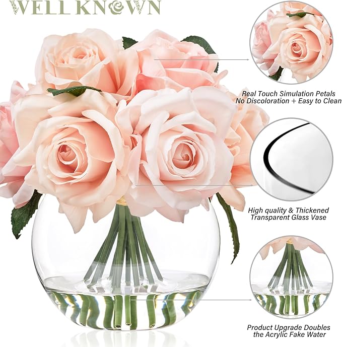 WELL KNOWN Artificial Flowers with Vase, Silk Rose Artificial Flowers Table Centerpieces with Faux Water for Home Decoration Fake Roses Flower Arrangements for Table Decor (Pink)