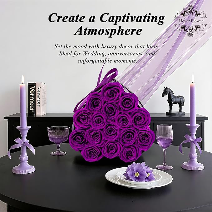 16 Forver Preserved Flowers in a Heart Box, Flowers for Her,Eternal Roses Flowers for Delivery Prime, Flowers Birthday Gifts for Women Mom Grandma Wife - Purple