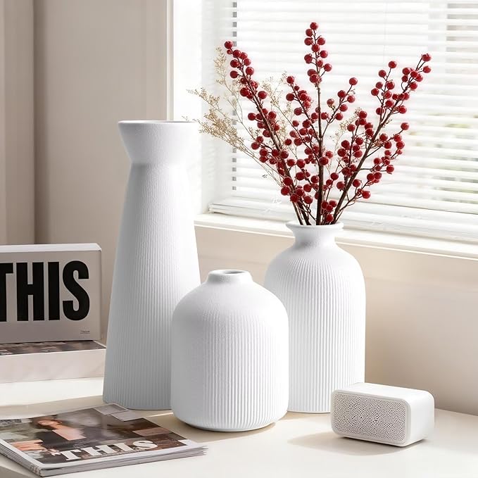 Christmas White Ceramic Flower Vases Set of 3, Large Xmas Gift Vases with Vertical Stripe Texture, Modern Decorative Vases for Dried Flowers, Home Decor for Living Room Bedroom Kitchen Shelf