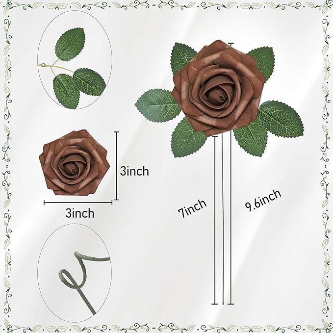 Artificial Flowers, 50pcs Artificial Rose for DIY Wedding Bouquets Centerpieces Arrangements, Brown Foam Roses with Stem for Bridal Shower Party Home Decorations