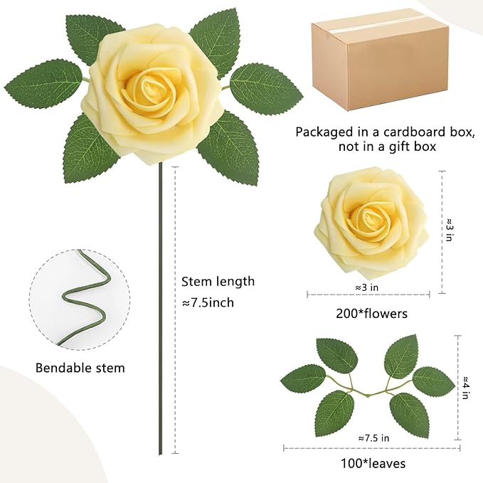 Artificial Flowers Creamy Yellow Roses 200Pcs Real Looking Foam Fake Roses with Leaves for DIY Wedding Bouquets Bridal Shower Party Decorations (Creamy Yellow, 200)