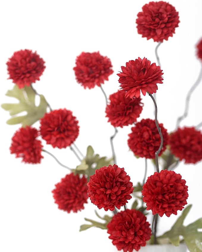 DuHouse 6pcs Artificial Flowers Faux Silk Pompon Mum,Silk Small Mini Chrysanthemum Ball with Stems for DIY Bouquets Centerpieces Vase Home Table Kitchen Decorations(Dark Red)