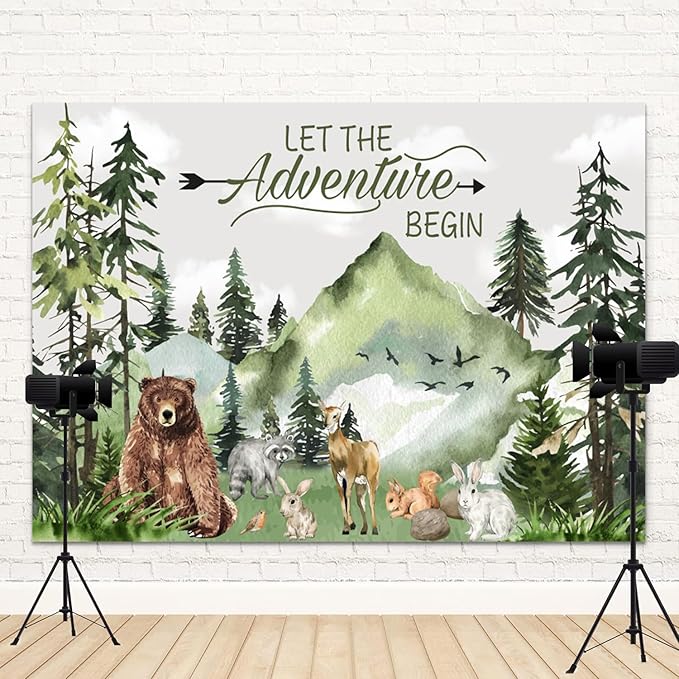 10x6.5ft Baby Shower Backdrop Mountain Forest Wild Animal Photography Background Cartoon Bear Woodland Green Trees White Cloud Birthday Party Banner Decorations Gender Reveal Photo Booth Prop