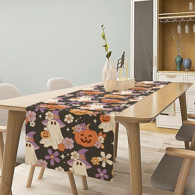 Halloween Table Runner,Cute Ghost Pumpkin Pattern Table Runner for Home Kitchen Table Dining Garden Farmhouse Wedding Party Decor 13x36 Inch