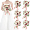 Set of 6 Bridesmaid Bouquets for Wedding - 7 Inch Artificial Flowers Bouquets for Ceremony Anniversary Centerpieces Decorations - Pink and White