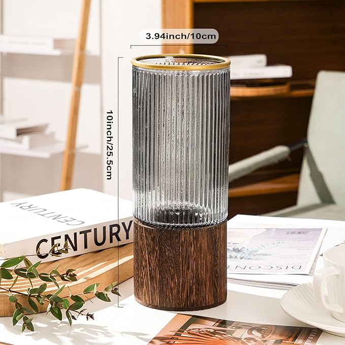 10 Inch Large Artistic Wood Base Glass Cylinder Flower Vase, Ins Modern Boho Water Stripe Style for Home Kitchen Fireplace Office Desks, Houses, Garden Decorations