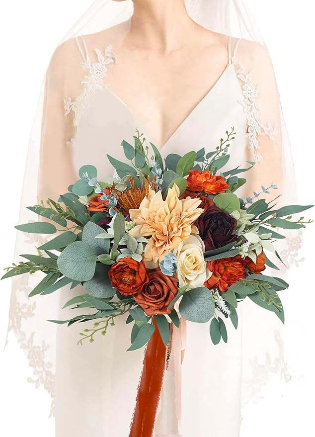 Rinlong Fall Wedding Bouquets for Bride Burnt Orange Bridal Bouquet for Wedding Terracotta Bouquets Boho Artificial Flowers