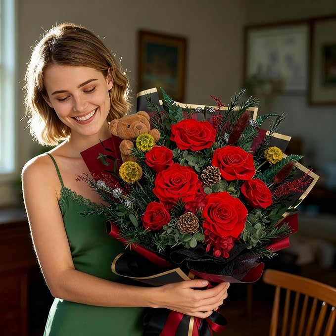 HUACHIPLUS Preserved Bouquet with Bear: Big Flowers Big Love-Romantic Gifts for Her Wife Girlfriend Mom-Flowers for Delivery Prime on Christmas Valentines Day Anniversary Mothers Day Birthday (Red1)