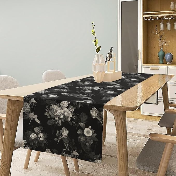 Vintage Botanical Table Runner, Abstract Watercolor Black White Gothic Flower Leaves Plants Print Table Runner for Seasonal Home Decoration Indoor Outdoor Party Decor, 13x120inch