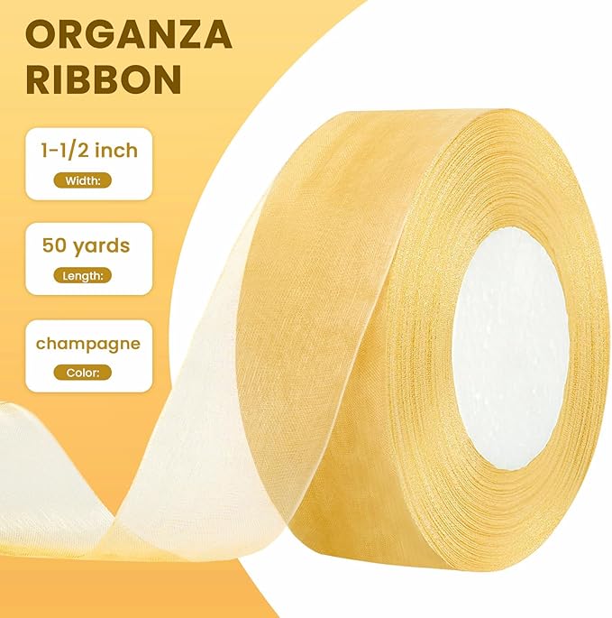1-1/2 Inch Champagne Gold Sheer Organza Ribbon for Bow Making, Gift Wrapping, Christmas Decoration, 50 Yards/Roll