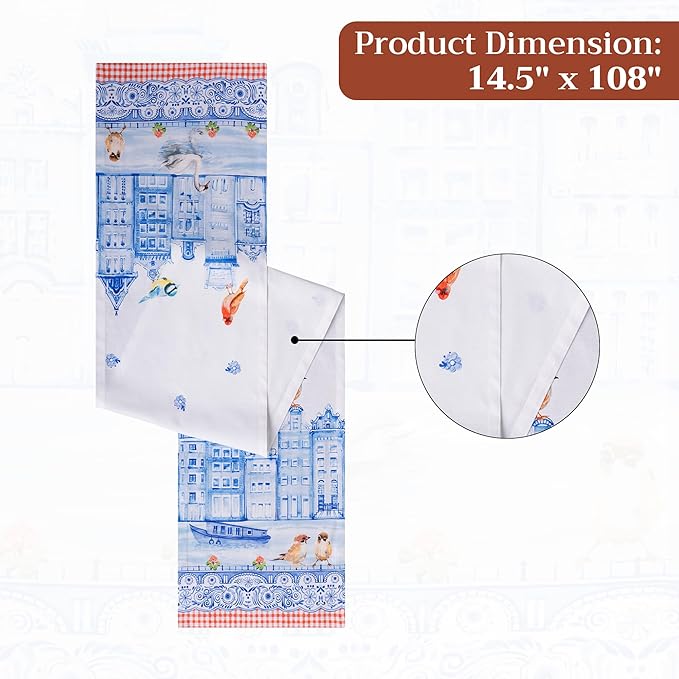 Maison d'Hermine Table runner 100% Cotton SingleLayer TableRunners 108 inches long Decorative for Home Kitchen Dining Party Baby Shower Wedding Bridal Shower SpringSummer(Amsterdam Canals,14.50"x108")