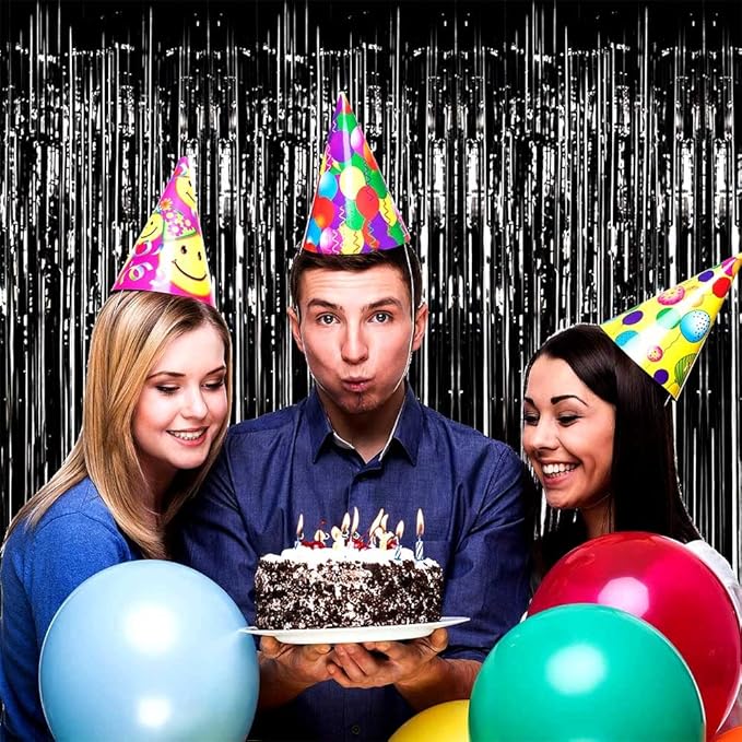 4 Pack Black Foil Fringe Curtain Backdrop, 3.28Ft x 8.2Ft Metallic Tinsel Streamers Curtains for Party, Photo Booth Props, Birthday, 2022 Mother's Day Decor Supplies, One Size