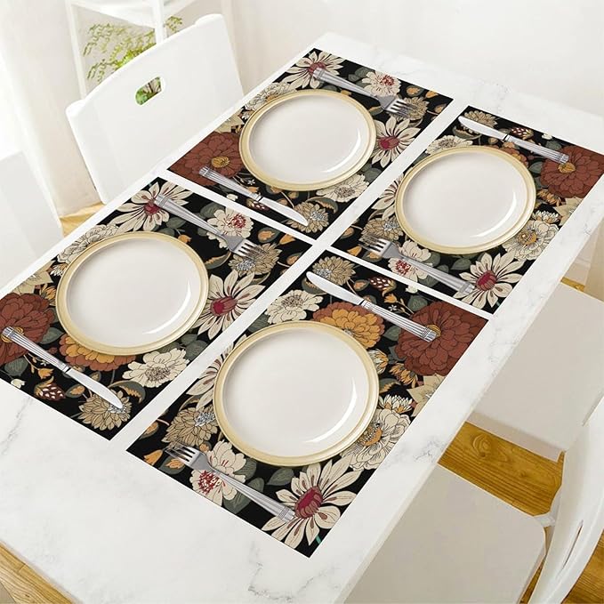 Boho Flower Placemats, Colorful Bohemian Floral Place Mat Set of 4,Wildflower Summer Table Mats for Party Kitchen Dining Decoration 4 PCS, Style-10