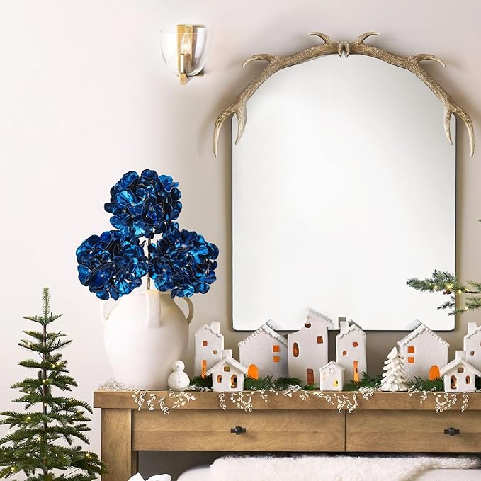 Hollyone 3Pcs Artificial Hydrangea Flowers Blue Christmas Ornaments Flowers 26inch Fake Hydrangea Flower Floral Arrangements Bouquets Xmas Faux Hydrangeas Stems Wedding Party Christmas Home Decor