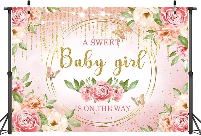 Sensfun Pink Floral Baby Girl Baby Shower Backdrop Banner Decorations Glitter Gold It's a Sweet Girl Banner Sign Photography Background for Girls Baby Shower Party Supplies Photo Booth Props 7x5ft
