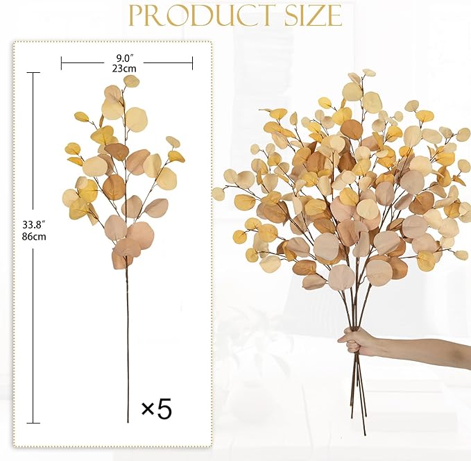 DILATATA Artificial Yellow Eucalyptus Stems – 34” Silk Silver Dollar Leaves, Set of 5 – Faux Eucalyptus Branches for DIY Bouquets, Floral Arrangements, Centerpieces, Wedding & Home Décor
