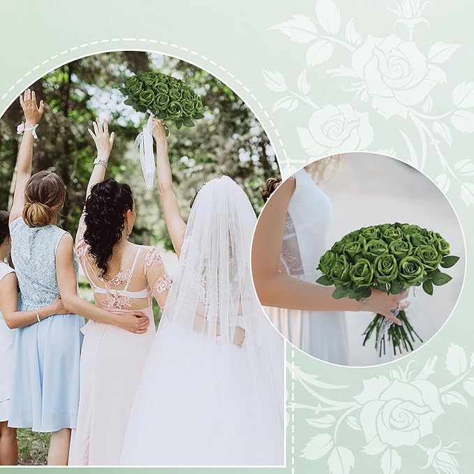 30pcs Fake Roses Artificial Silk Flowers Long Stems Bouquet for Wedding Bridal Shower Party Home Decoration (Green)