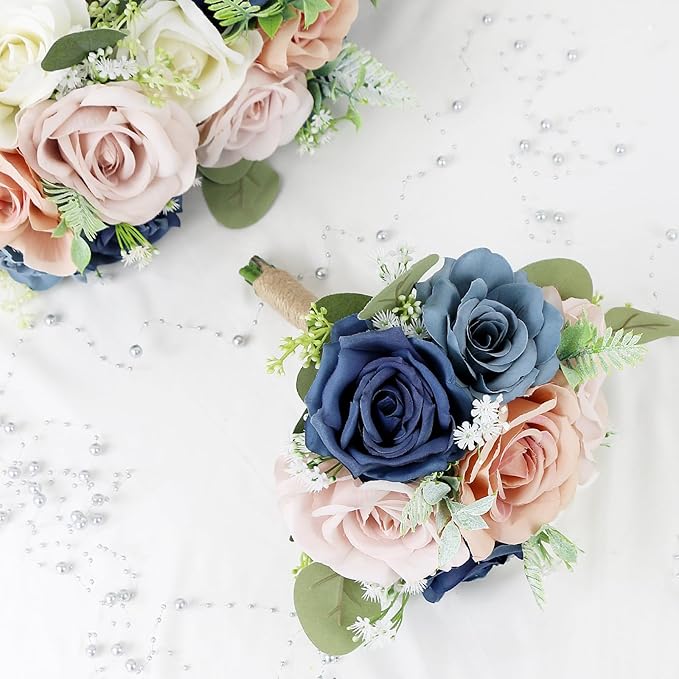 Set of 2 Bridesmaid Bouquets for Wedding - 7 Inch Artificial Flowers Bouquets for Ceremony Anniversary Centerpieces Decorations - Navy Blue and Dusty