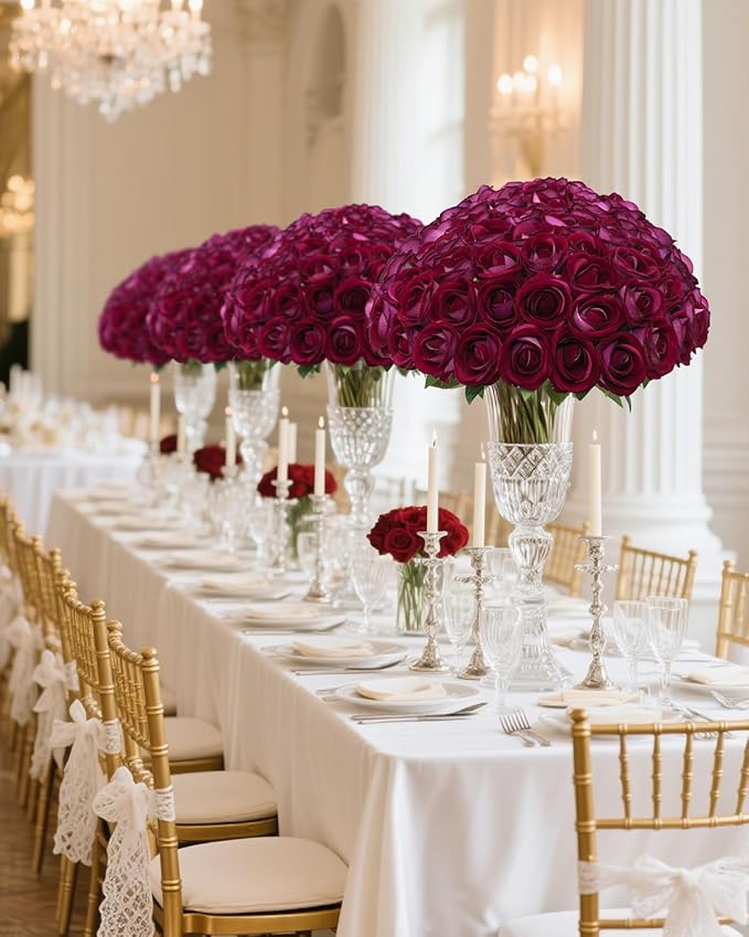 LFF 50Pcs Fake Purple Red Roses Artificial Flowers with Long Stems, Realistic Silk Faux Roses in Bulk, Wedding Bouquet, DIY Floral Arrangement for Home/Wedding/Proposal Ceremony Decoration(Purple Red)