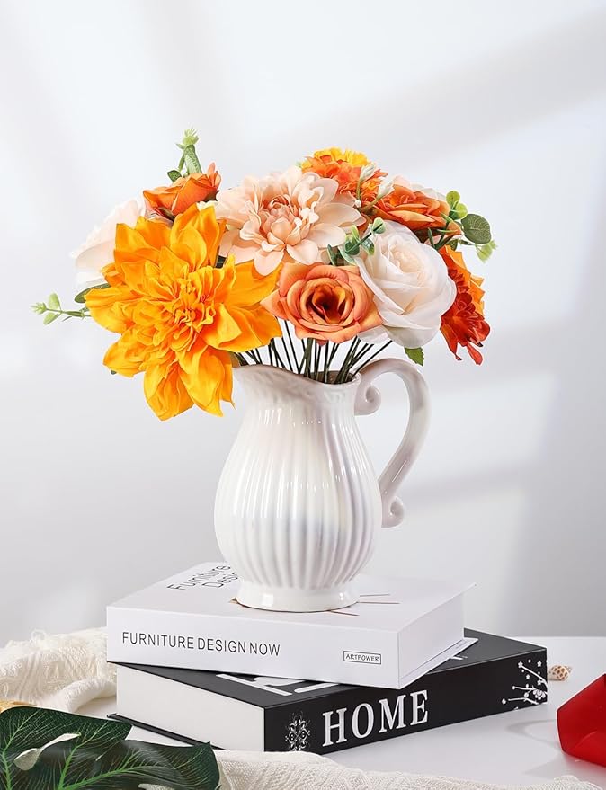 Multi Use Artificial Fall Flowers Burnt Orange Combo Box Set Rose Dahlia Peony Fake Flowers with Stems for DIY Bridal Wedding Bouquets Centerpieces Baby Shower Party Home Decor