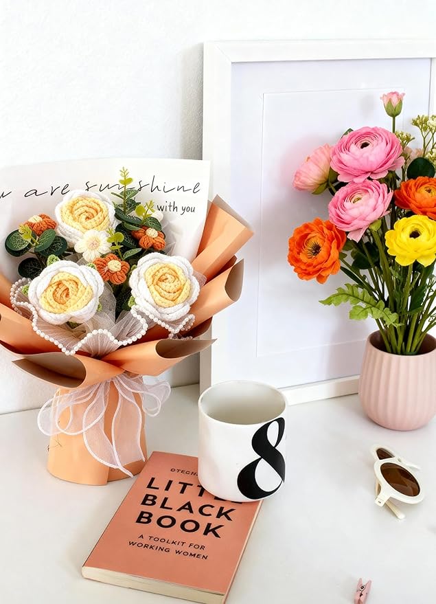 Crochet Flower Bouquet Handmade Knitted Sunflower Tulip Rose Daisy