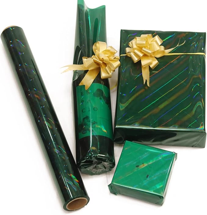 CMFYHM Iridescent Green Cellophane Wrap Roll I 34 In Wide X 50 Ft Long I Colorful Cello Perfect For Baskets,Gifts, Treats,Birthday Holiday Wedding Floral, Party Arts Crafts Decoration (Green)