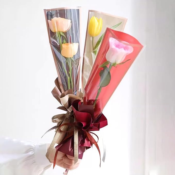 YHNTGB 150 Pcs Mother's Day Single Flower Sleeves Wrapping Bags Single Rose Packaging Flower Bouquet Wrapping Bags 5 Colors for Floral Arrangement Supply Wedding Valentine's Day
